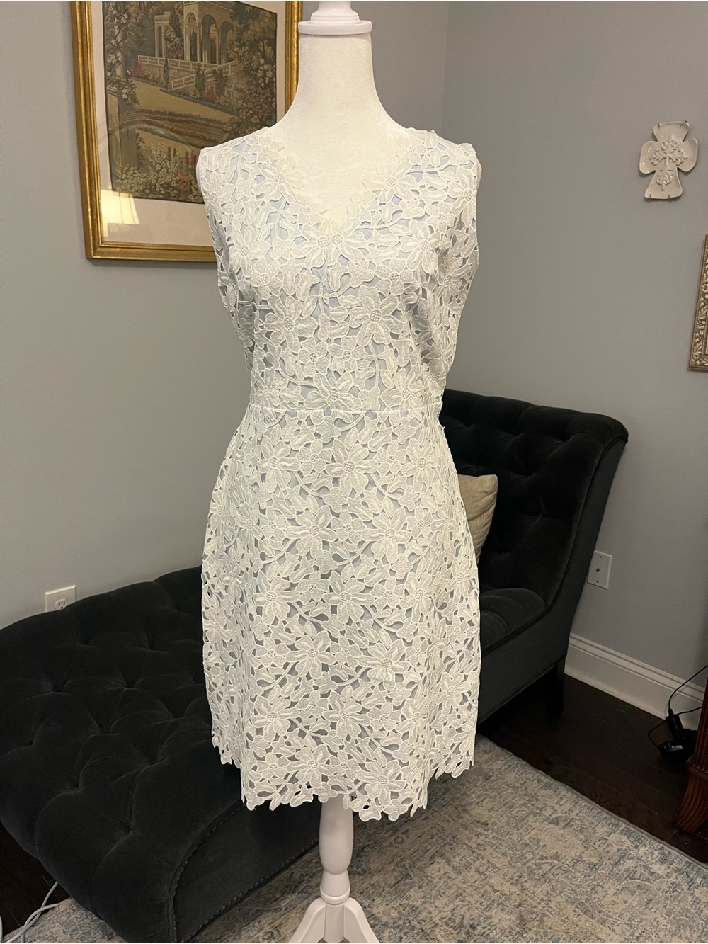 LOFT White Floral Lace with Light Blue Lining V-Neck Midi Dress